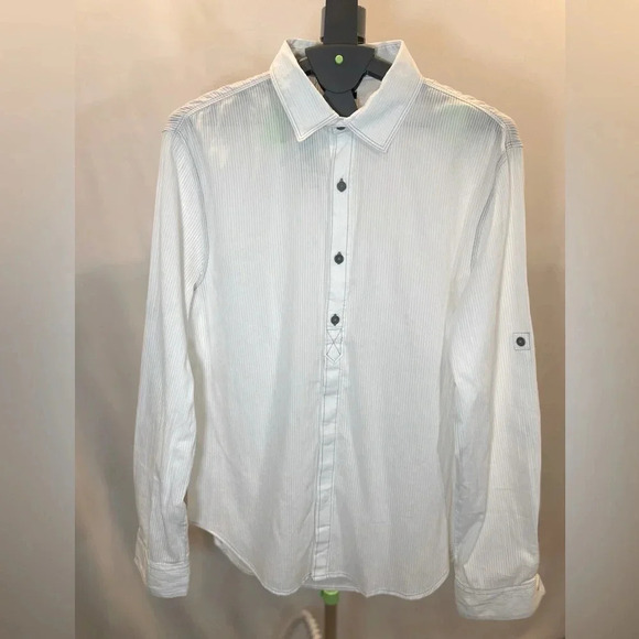Sons Of Intrigue 100% Cotton White Striped Halfway Down Button Men’s Shirt Sz L - Picture 1 of 6